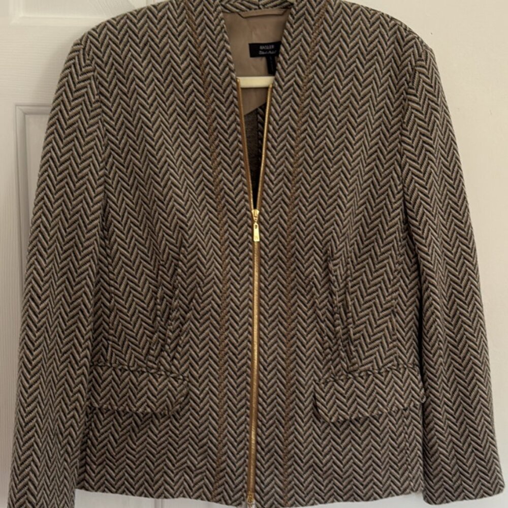 Basler 100% Virgin Wool Grey Fitted Blazer Chevron Pattern Womens Size 10-12